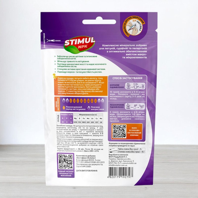 Добриво кристалічне Stimul NPK, 200г, для петуній, сурфіній та пеларгоній