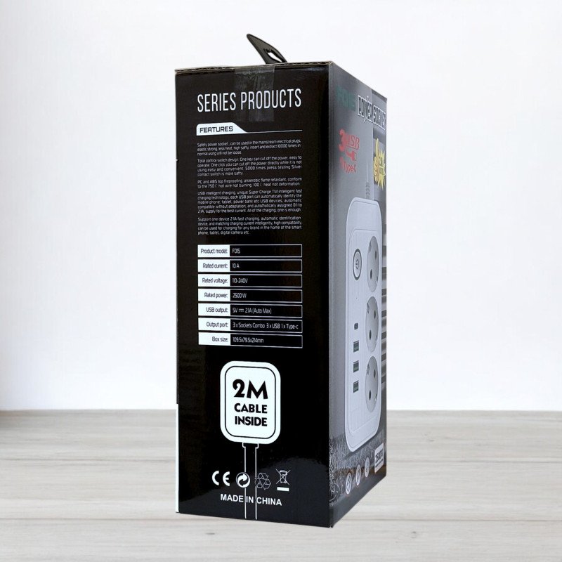 Мережевий фільтр з вимикачем Power Socket F015 на 3 розетки, 3 USB, 1 Type-C, 2500W, довжина 2м