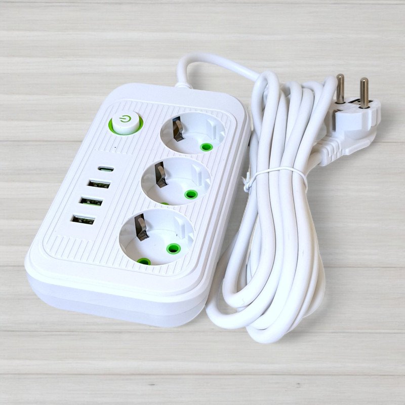 Мережевий фільтр з вимикачем Power Socket F015 на 3 розетки, 3 USB, 1 Type-C, 2500W, довжина 3м