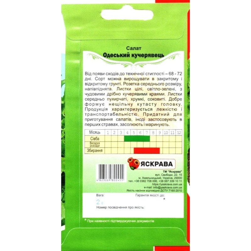 Насіння салату Одеський Кучерявець, Яскрава, 2г