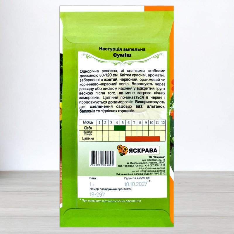 Насіння настурцiї ампельної Суміш, Яскрава, 1,0г