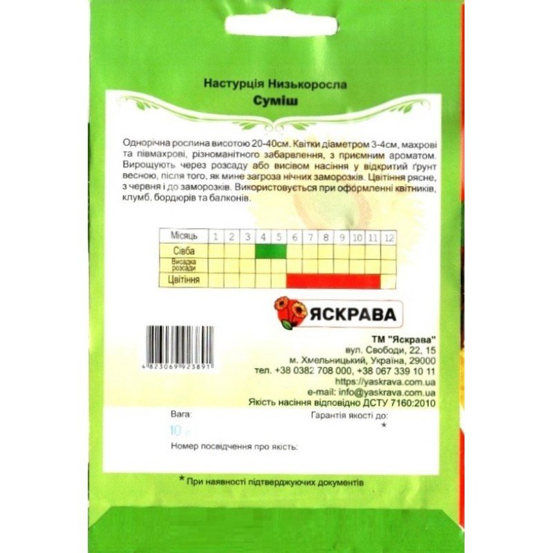 Насіння настурцiї низькорослої Суміш, Яскрава, 10г