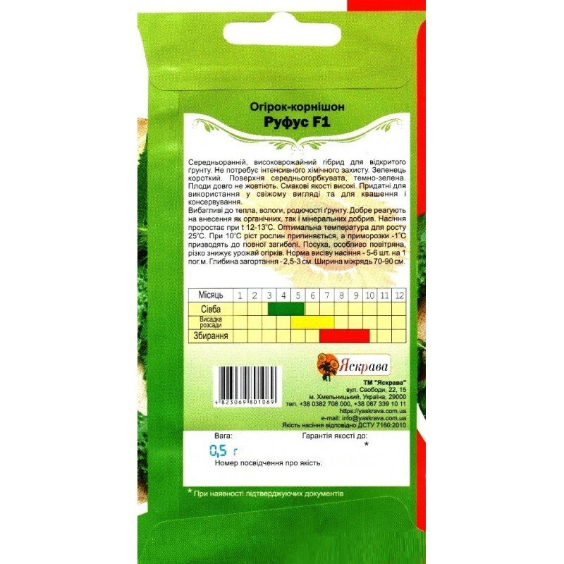 Насіння огірка бджолозапильного Корнішон Руфус F1, Яскрава, 0,5г