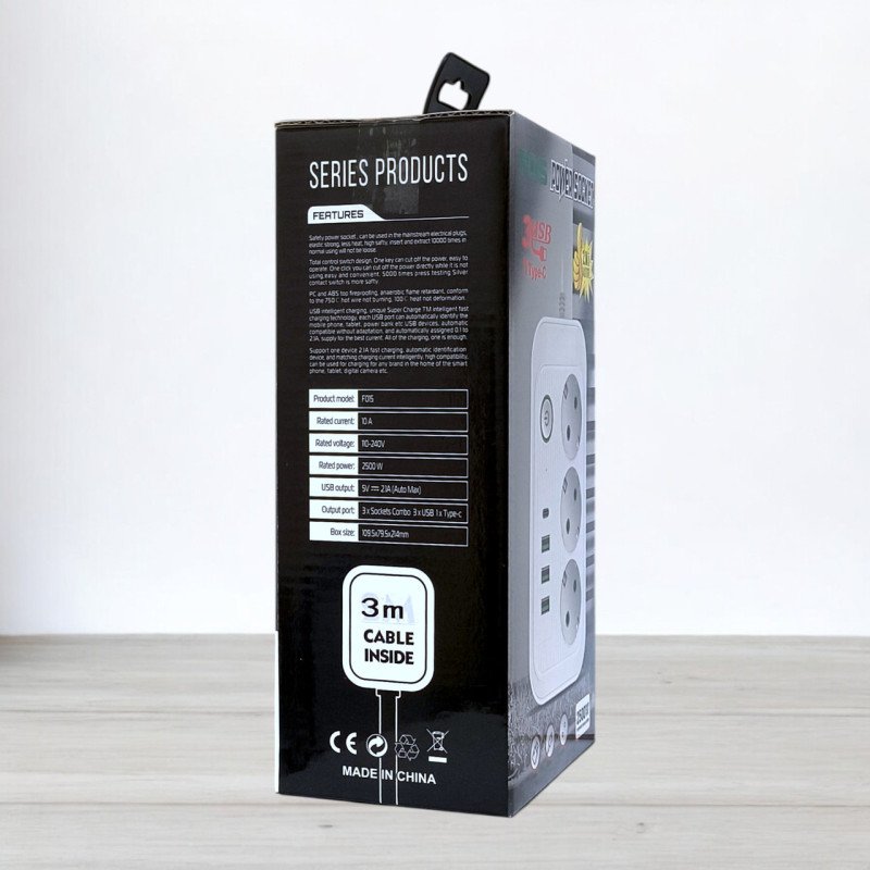Мережевий фільтр з вимикачем Power Socket F015 на 3 розетки, 3 USB, 1 Type-C, 2500W, довжина 3м