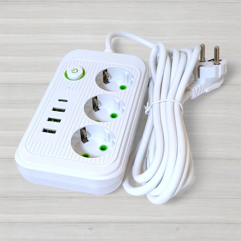 Мережевий фільтр з вимикачем Power Socket F015 на 3 розетки, 3 USB, 1 Type-C, 2500W, довжина 3м