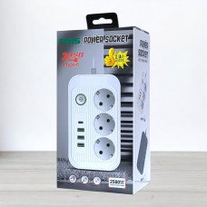 Мережевий фільтр з вимикачем Power Socket F015 на 3 розетки, 3 USB, 1 Type-C, 2500W, довжина 3м
