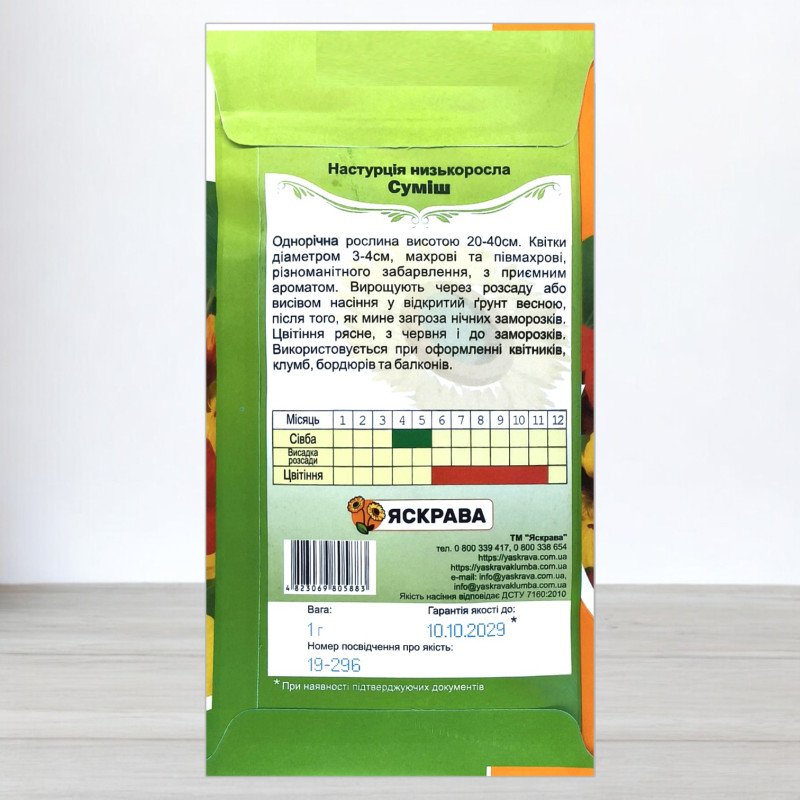 Насіння настурцiї Низькоросла Суміш, Яскрава, 1г